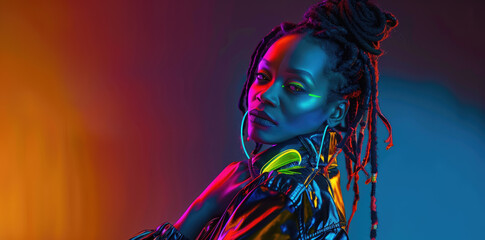 A confident African American woman with colorful dreadlocks, wearing an elegant leather jacket and neon-colored makeup, posing against a gradient background