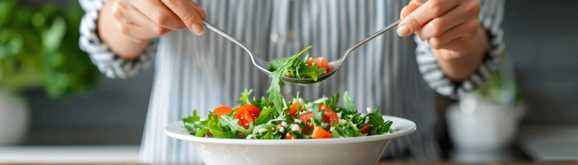 Wall Mural - A person is eating a salad with a fork