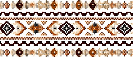 Wall Mural - Traditional ethnic geometric fabric pattern in cross stitch, with deep reds and natural tones