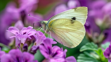 Sticker - AI generated illustration of Close-up of a butterfly on vibrant purple flowers in a garden