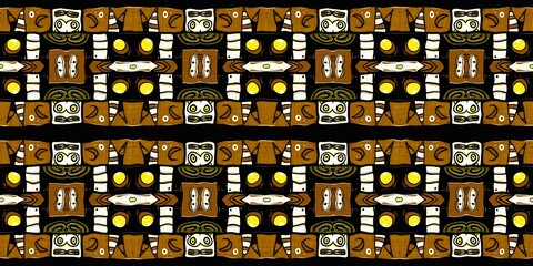 Modern tribal shape mud cloth border effect seamless pattern. Stylized shape doodle in khaki brown color background design of printed patterned banner edge trim fabric repeat.