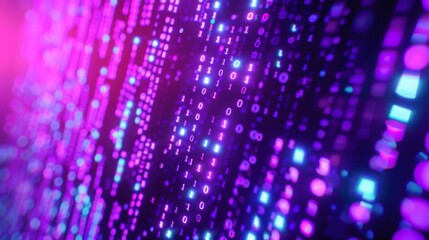 A digital pattern with rows of glowing binary code in purple and blue on a black background.