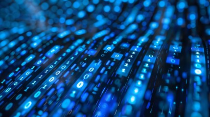 Leinwandbilder - Abstract digital background with flowing lines of blue binary code illuminated with bright blue light.