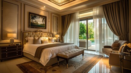 An interior background featuring a luxurious bedroom with a plush king-size bed, elegant furnishings, and large windows with flowing curtains the space is beautifully decorated with tasteful artwork