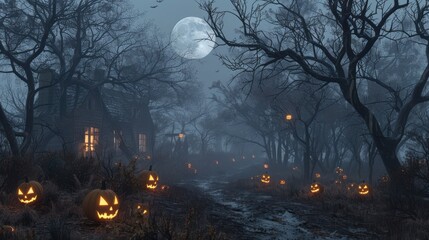 Wall Mural - a spooky halloween background set in a haunted forest with twisted, bare trees, a full moon casting 