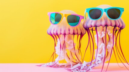 Sticker - Jellyfish with Sunglasses on Yellow and Pink Background.