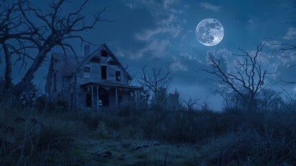 Wall Mural - a spooky halloween background with a dilapidated, abandoned house surrounded by overgrown weeds and 