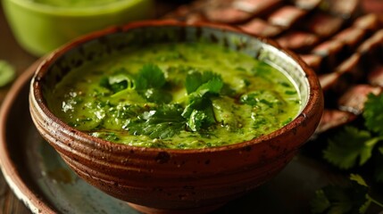 Poster - Delicious and fresh green chimichurri sauce in a rustic bowl. Condiment for grilled meat. Close-up image ideal for food blogs, recipe websites, and cooking tutorials. AI