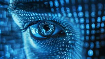 Close-up of human eye with binary code. Data security concept