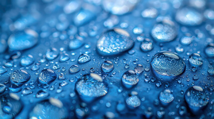 Wall Mural - Close-up of raindrops on a blue surface. The water droplets are various sizes and shapes and reflect the light, creating a beautiful and interesting pattern.