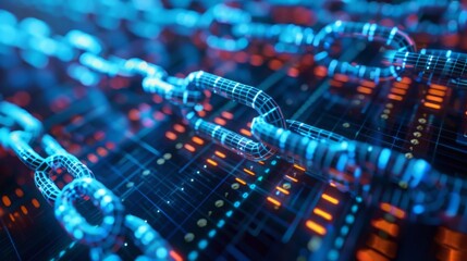 Poster - A close-up of a digital chain made of blue glowing links on a circuit board with red and orange lights.