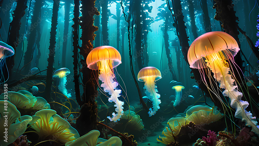 Underwater magic! Glowing jellyfish light up a mysterious forest (ideal ...