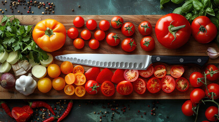 Wall Mural - A cutting board full of tomatoes, shallots, garlic, and basil. There is a knife on the board, and some of the tomatoes are cut into slices.