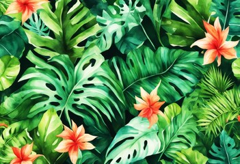 Wall Mural - Banner Watercolor jungle tropical painted leaves illustration Hand dense tropic