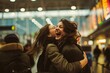 © Milos - At a busy airport with information boards and travelers in the background, two women hug each other joyfully, sharing a warm and emotional moment filled with happiness.