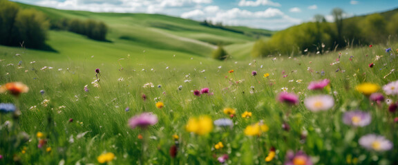 Blooming Wildflower Meadow in Rolling Hills Under Blue Spring Sky Background Wallpaper

