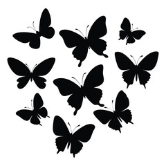 Flying butterflies silhouette black set isolated on white background