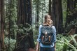 © Vlad - State Park. Female Hiker Standing in Redwood Forest with Backpack for an Adventure