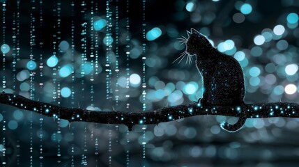 Aufkleber - A black cat sits on a branch with a background of blue lights. The cat is facing to the left and its tail is wrapped around the branch.