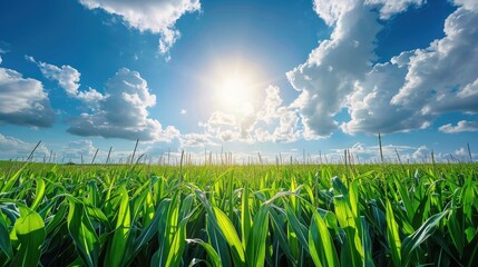 Canvas Print - Sunny summer day with beautiful clouds over organic green corn field