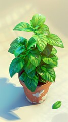 Wall Mural - A potted mint plant sits on a table, bathed in the warm light of the afternoon sun