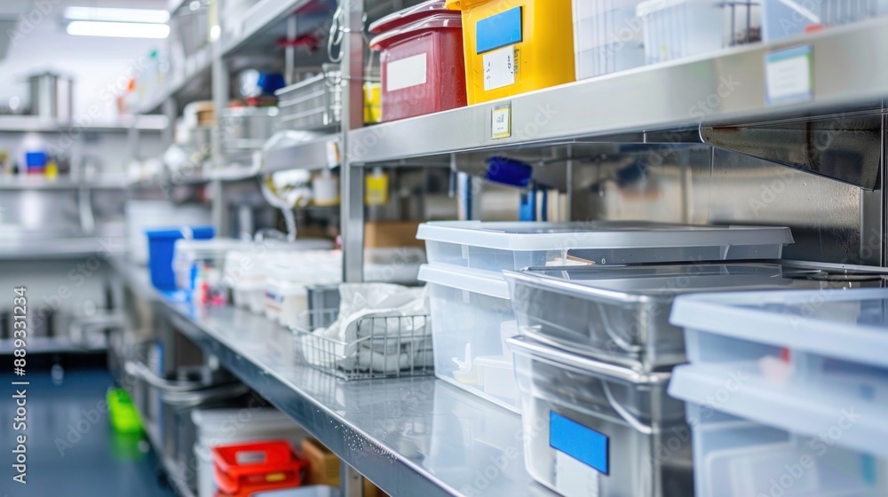 A clean and organized commercial kitchen with labeled containers and ...