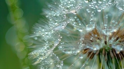 Wall Mural - Dew on a delicate dandelion seed head, with droplets clinging to the fluffy seeds.