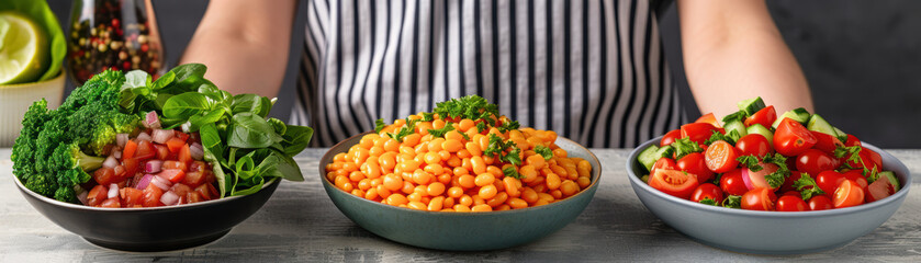 Wall Mural - Three bowls of food are on a table, with one bowl containing broccoli