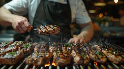 Wall Mural - Chef Grilling Delicious Steaks on a Hot Grill Photo