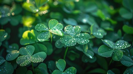 Wall Mural - Dew-covered clover leaves in the early morning light, creating a shimmering effect.