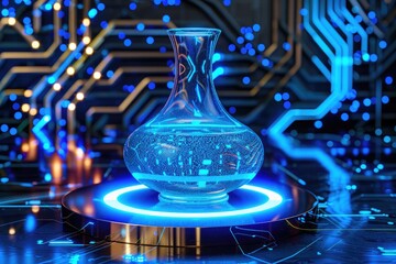 Futuristic alembic, sleek design, glowing blue liquid, dark high-tech background, neon elements, sci-fi aesthetic