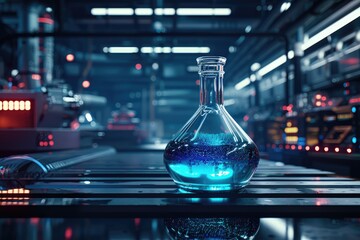 Futuristic alembic, sleek design, glowing blue liquid, dark high-tech background, neon elements, sci-fi aesthetic