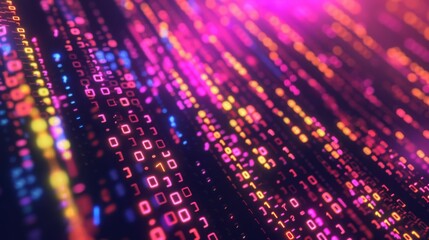 Fototapete - A colorful, abstract digital background featuring rows of binary code. The code glows with vibrant colors, creating a dynamic and futuristic effect.