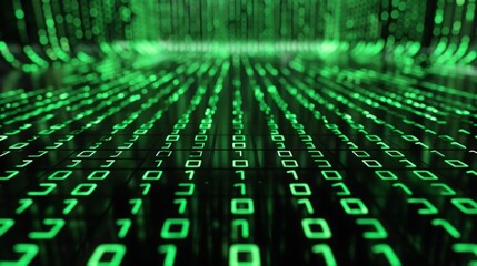 Fototapete - A digital background of green binary code flowing in a stream.