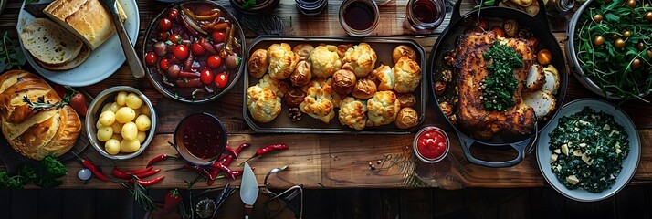 Wall Mural - Overhead View of a Delicious Dinner Spread on Wooden Table, Food Photography