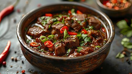 Wall Mural - Close-Up Photo of a Bowl of Spicy Beef Stew with Red Peppers and Herbs