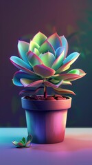 Wall Mural - A succulent plant in a pot, illuminated by a vibrant, rainbow-like glow