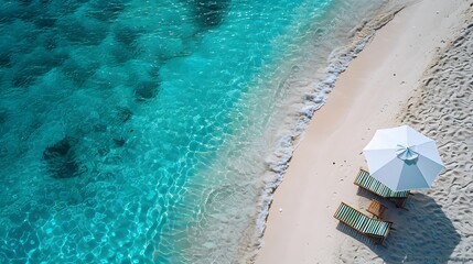 Wall Mural - A high-resolution professional photograph of a pristine beach with crystal-clear turquoise water, fine white sand, and minimalistic beach accessories,.