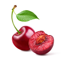 Wall Mural - red cherry with cut in half isolated on white background.