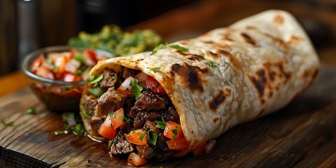 Wall Mural - Delicious Grilled Beef Burrito with Toppings - Food Photography