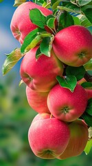 Wall Mural - Fresh Juicy Red Apples Hanging On Tree