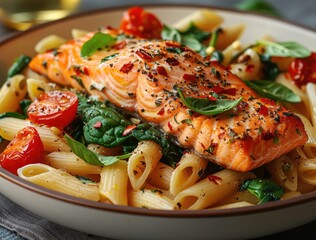 Sticker - Deliciously Prepared Grilled Salmon Pasta Dish