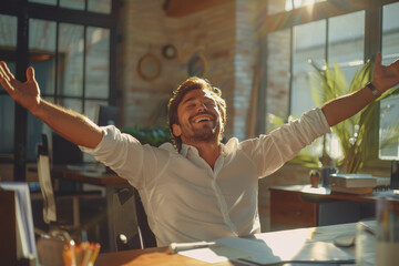 Poster - Successful happy businessman sitting in his office and raising his hands.