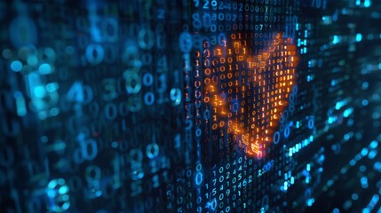 Poster - A heart shape is formed by glowing orange numbers and symbols on a screen of blue binary code.