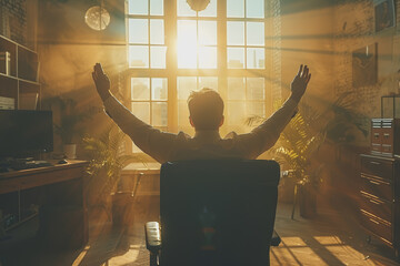 Poster - Successful happy businessman sitting in his office and raising his hands.