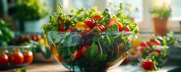 Poster - Fresh Salad with Cherry Tomatoes and Greens in a Glass Bowl - Photo