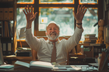 Poster - Successful happy businessman sitting in his office and raising his hands.