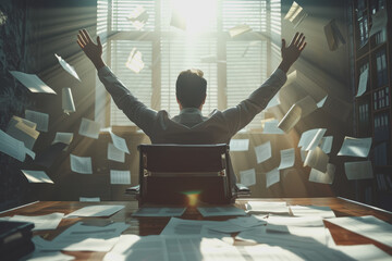 Successful happy businessman sitting in his office and raising his hands.