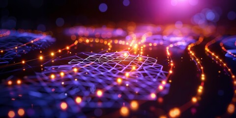 Abstract digital network with glowing nodes on a purple background, showcasing futuristic technology and data connections.