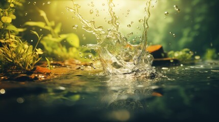 Wall Mural - Water splash with green plants and drops.